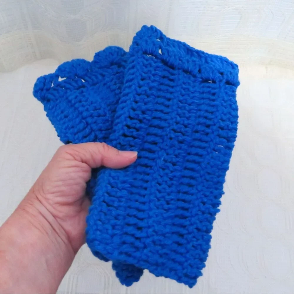 Handmade Crocheted Fingerless Gloves, Royal Blue Fingerless Mittens Women Ruffle